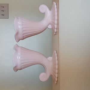 Jeannette Shell Pink milk glass cornucopia vase pair 1950s
